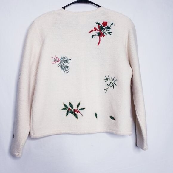Susan Bristol Vintage Cream Holiday Embroidered Wool Cardigan Womens Size Medium - Picture 5 of 9
